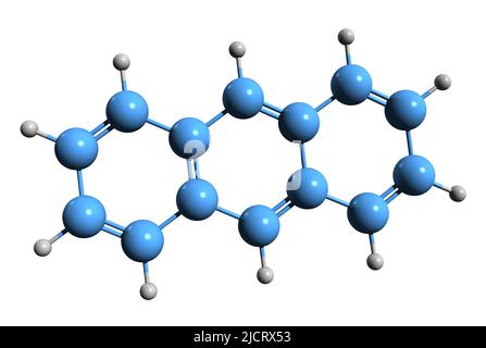 3D immagine di formula scheletrica antracenica - struttura chimica molecolare di idrocarburo aromatico policiclico C14H10 isolato su sfondo bianco Foto Stock