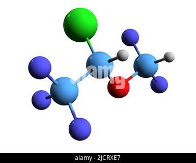3D immagine di isoflurano formula scheletrica - struttura chimica molecolare di anestetico generale isolato su sfondo bianco Foto Stock