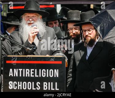 Londra, Regno Unito. 15th giugno 2022. Rabbi Herschel Gluck OBE è un rabbino britannico, presidente di Shomrim a Stamford Hill, presidente del Forum arabo-ebraico, parla. Una delegazione di Rabbie ebraiche, accompagnata da membri ortodossi Haredi della comunità ebraica del Regno Unito, si è riunita al di fuori del Parlamento per protestare contro la Scuola Bill 2022, che sta attraversando la Casa dei Lord. Il gruppo percepisce la Scuola Bill come una minaccia per gli aspetti fondamentali della pratica ebraica e dei principi religiosi nelle scuole religiose. Credit: Imagplotter/Alamy Live News Foto Stock