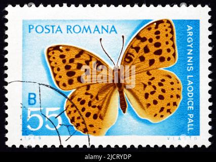 ROMANIA - CIRCA 1969: Un francobollo stampato in Romania mostra Pallas' Fritillary, Argynnis Laodice, Butterfly, circa 1969 Foto Stock