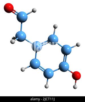 3D immagine di 4-idrossifenilacetaldeide formula scheletrica - struttura chimica molecolare di p-idrossifenilacetaldeide isolata su sfondo bianco Foto Stock