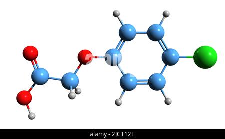 3D immagine di acido 4-clorofenossiacetico formula scheletrica - struttura chimica molecolare di pCPA isolato su sfondo bianco Foto Stock
