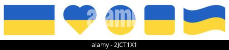 Bandiera Ucraina impostata. Simbolo nazionale ucraino. Forma quadrata, rotonda e a cuore. Illustrazione blu e gialla. Illustrazione vettoriale Illustrazione Vettoriale