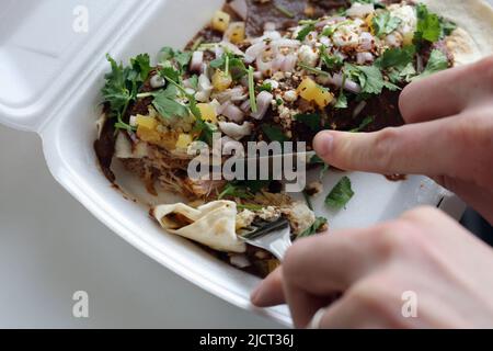 Carnitas messicane enchilada aka carne enchilada - un impacco riempito di maiale tirato, risata, fagioli e verdure condite con salsa talpa di talpa speziata, verdure ecc. Foto Stock