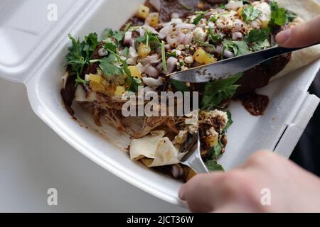 Carnitas messicane enchilada aka carne enchilada - un impacco riempito di maiale tirato, risata, fagioli e verdure condite con salsa talpa di talpa speziata, verdure ecc. Foto Stock