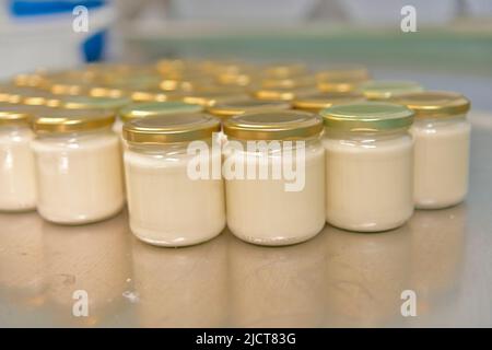 Crema di formaggio di capra, in vasetti di vetro Foto Stock