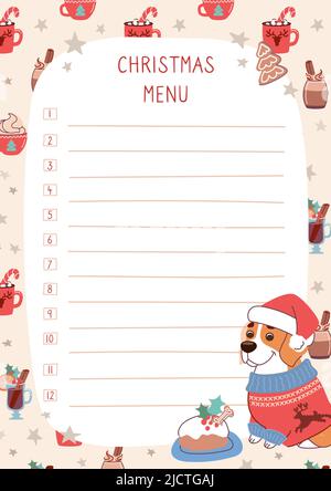 Design del menu di Natale in stile piatto. Un cane divertente in un maglione di Natale con renne decorano il menu. Sfondo con bevande di festa. Cartoon vettoriale. Illustrazione Vettoriale