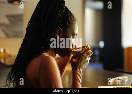 Donna tranquilla multirazziale con teme in casual, bere caffè. USA il laptop su un lavoro remoto in un bar. Tecnologia wireless Foto Stock