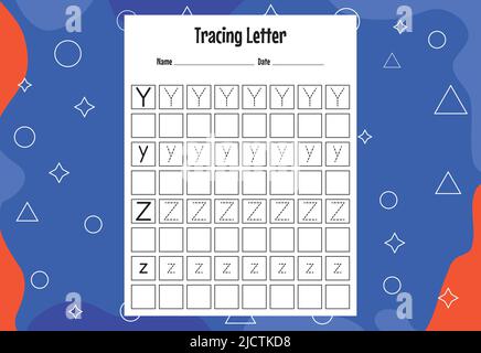Foglio di lavoro per tracciare lettere per bambini, foglio di lavoro per tracciare lettere alfabetiche con lettere alfabetiche. Fogli di attività per bambini asilo Illustrazione Vettoriale