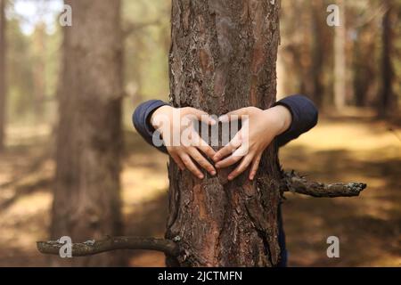 Bambino abbraccia un albero nella foresta. Concetto di problema globale di anidride carbonica e riscaldamento globale.le mani del bambino che fanno una forma del cuore su un tronco dell'albero. Amore di Foto Stock