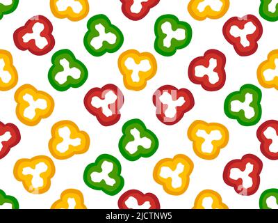 Pepate fettine senza cuciture. Il peperone suona su sfondo bianco. Design con peperone in stile piatto per la stampa di tessuti, striscioni e poster Illustrazione Vettoriale