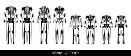 Set di Skeleton costume ossa umane in bodysuit fronte retro vista uomini donne bambini - ragazzo, ragazza per Halloween, festival, stampa su abiti nero piatto concetto di colore Vector illustrazione isolato Illustrazione Vettoriale