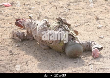 Un giocatore di ruolo civile agisce come un incidente ferito simulato per i marines degli Stati Uniti con la sede centrale & l'azienda di servizio, 1st Battaglione, 8th Regiment marino ( Foto Stock