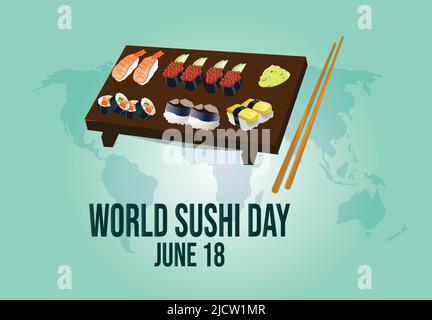 La Giornata Mondiale del Sushi il 18 giugno celebra un piatto giapponese di riso, condimenti e aceto. Modello per banner e poster Illustrazione Vettoriale