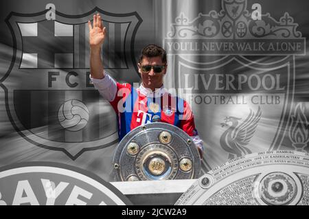 Monaco di Baviera, Germania. 16th giugno 2022. FOTOMONTAGGIO immagine simbolica: Robert Lewandowski potrebbe presto passare al FC Barcelona o al Liverpool FC. Descrizione originale: Robert Lewandowski Waves per l'addio alla celebrazione del campionato del Bayern Monaco di Baviera nel municipio di Monaco di Baviera, Germania, il 15 maggio 2022. Il Bayern FC ha appena vinto il 10th Bundesliga consecutivo, un record. (Foto di Alexander Pohl/Sipa USA) Credit: Sipa USA/Alamy Live News Foto Stock