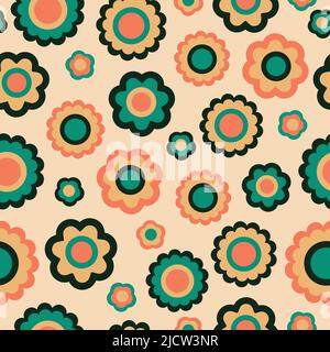 Retro arancione, giallo e verde motivo vettoriale floreale senza cuciture. Groovy, fiori d'ispirazione anni '60 e '70 in un motivo di superficie tutto sopra ripetuto. Illustrazione Vettoriale
