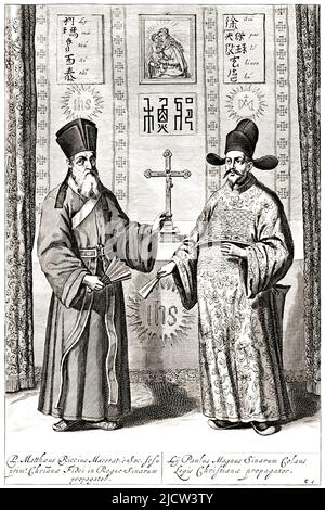 1600 ca , ITALIA : il matematico , cartografo e sinologo italiano Padre MATTEO RICCI ( 1552 - 1610 ) con PAULUS li . Padre Matteo Ricci era un sacerdote gesuita italiano e una delle figure fondatrici delle missioni gesuite in Cina . La sua mappa del mondo in caratteri cinesi del 1602 ha introdotto i risultati dell'esplorazione europea nell'Asia orientale. Ritratto di incisioni settecentesche sconosciute . - RELIGIONE CATTOLICA - RELIGIONE CATTOLICA - MISSIONARIA - MISSIONI CATTOLICHE - GESUITA - MATEMATICA - MATEMATICO - CARTOGRFO - CARTOGRFIA - ESPLORAZIONE IN CINA - ORDINE DEI GESUITI - CINA - ASIA - PORTR Foto Stock