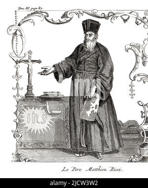 1600 ca , ITALIA : il matematico, cartografo e sinologo italiano Padre MATTEO RICCI ( 1552 - 1610 ). Era un sacerdote gesuita italiano e una delle figure fondatrici delle missioni gesuite in Cina . La sua mappa del mondo in caratteri cinesi del 1602 ha introdotto i risultati dell'esplorazione europea nell'Asia orientale. Ritratto inciso nel 1736 da Johannes van Solingen . - RELIGIONE CATTOLICA - RELIGIONE CATTOLICA - MISSIONARIO - MISSIONI CATTOLICHE - GESUITA - MATEMATICA - MATEMATICO - CARTogrFO - CARTogrFIA - ESPLORAZIONE in CINA - Ordine dei Gesuiti - CINA - ASIA - ritratto - ratto - Cath. Romana Foto Stock