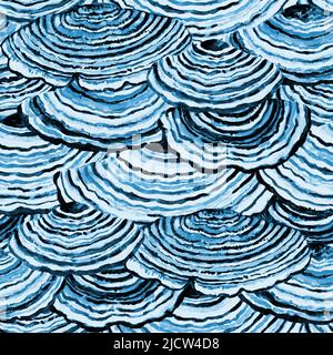 Modello senza giunture blu con funghi astratti. Texture originale psichica con forme organiche. Foto Stock