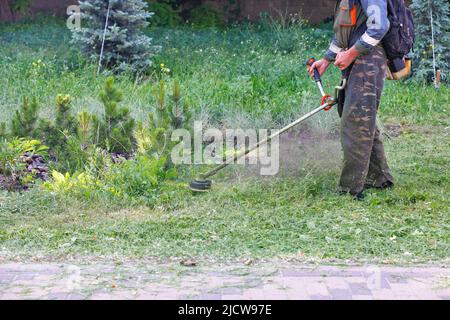 Un operatore di servizi pubblici falcia un prato verde in un parco cittadino vicino al marciapiede con un trimmer a benzina. Spazio di copia. Foto Stock