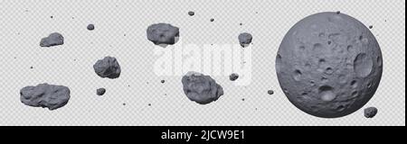 Illustrazione vettoriale realistica della cinghia dell'asteroide della pietra. Meteor, macigno spaziale o roccia con crateri che volano in leggerezza icona isolata su sfondo trasparente, varie forme Illustrazione Vettoriale