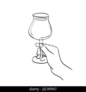 primo piano tenuta a mano bicchiere di vino illustrazione vettore disegnato a mano isolato su sfondo bianco art. Illustrazione Vettoriale