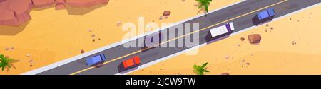 Strada con le automobili vista dall'alto, strada a due corsie dritta lungo terra sabbiosa con rocce e palme. Cartoon sfondo panoramico con veicoli che cavalcano in asfalto, illustrazione Vector Illustrazione Vettoriale