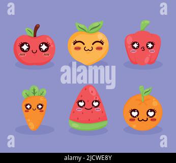 sei icone di frutta e verdura kawaii Illustrazione Vettoriale
