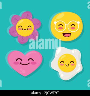 quattro disegni icone stile kawaii Illustrazione Vettoriale