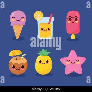 sei estate kawaii disegni icone Illustrazione Vettoriale