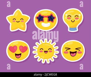sei simpatici adesivi icone stile kawaii Illustrazione Vettoriale