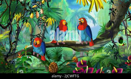 Pappagallo di Macaw seduto su un ramo. Illustrazione a colori della pittura digitale. Foto Stock