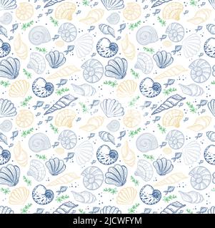 Sfondo senza giunture con creature marine, disegnate a mano in stile schizzo. Conchiglie, alghe e piccoli pesci. Oceano. Fondo marino. Tavolozza pastello. Ritorno in mare estivo Illustrazione Vettoriale