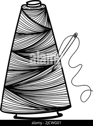 Grande rocchetto di filo con ago, disegnato a mano in stile schizzo. Avvolgimento trasversale del filo. Funzionamento dell'ago. Cucire. Filettatura. Ago. Grafica vettoriale semplice Illustrazione Vettoriale
