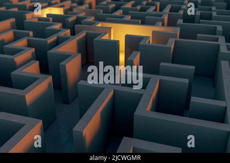 Trovare il modo giusto per il successo e cercare idea creativa concetto con luce calda incandescente nella parte di labirinto di cemento scuro. 3D rendering Foto Stock
