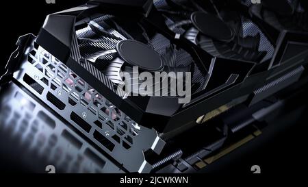 3d rendering di grafica moderna o scheda video per gamer o crypto mining con bordi duri e ventilatori design industriale con nero scuro elegante illuminazione e. Foto Stock