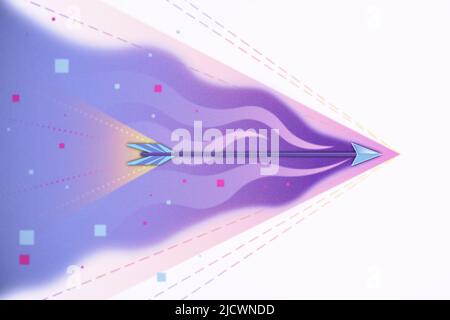 Concetto di crescita di successo con sfumature viola e blu che volano a freccia lasciando una traccia di linee su sfondo bianco astratto. 3D rendering Foto Stock