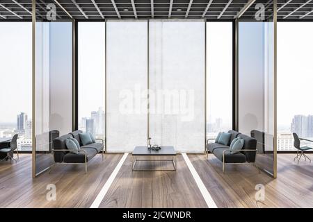 Moderna e spaziosa area d'attesa per l'ufficio con tavolino da caffè scuro e dorato tra eleganti divani, vista della città da pareti di vetro e pavimento in legno. 3D rendering Foto Stock