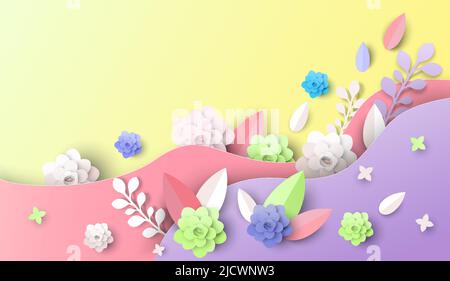 Estate o primavera sfondo vettoriale floreale in papercut Illustrazione Vettoriale