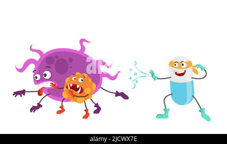 Cute supereroe pillola lotta batteri o virus vettore Illustrazione Vettoriale