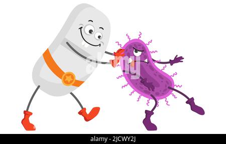 Cute capsula di supereroe sconfitta vettore batteri Illustrazione Vettoriale