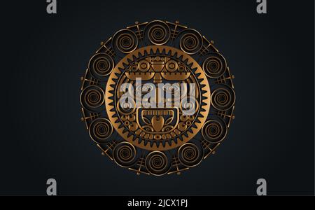 Sacro Dio sole Maya, calendario ruota Aztec, Maya simboli etnia maschera in oro colore. Cornice rotonda dorata bordo vecchio logo icona vettore illustrazione Illustrazione Vettoriale