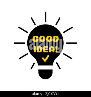Buona idea e segno di spunta sull'icona vettoriale della lampadina nera. Illustrazione Vettoriale