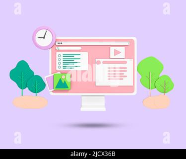 Dashboard infografico sullo schermo del computer desktop. Orologio, albero, grafico a torta, social media sul display del PC. 3D illustrazione rappresentata Foto Stock