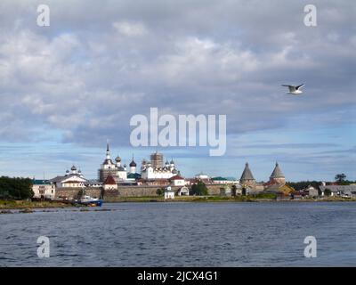 Vista sul Mar Bianco e sul Monastero di Spaso-Preobrazhensky Solovetsky in una giornata estiva. Un gabbiano nel cielo. Isole Solovetsky. Regione di Arkhangelsk. Foto Stock