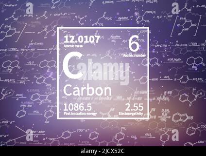 Elemento chimico del carbonio con prima energia di ionizzazione, massa atomica ed elettronegatività su sfondo scientifico Illustrazione Vettoriale