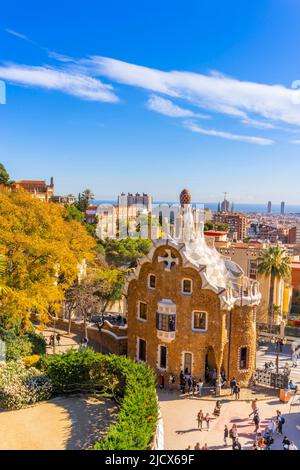 Antoni Gaudi, Parco Guell, Patrimonio dell'Umanità dell'UNESCO, Barcellona, Catalogna, Spagna, Europa Foto Stock