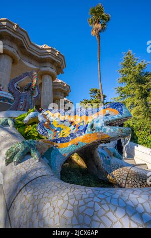 Antoni Gaudi, Parco Guell, Patrimonio dell'Umanità dell'UNESCO, Barcellona, Catalogna, Spagna, Europa Foto Stock