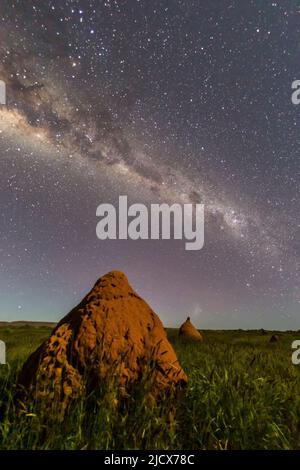 La Via Lattea sopra i tumuli di termite nel Cape Range National Park, Exmouth, Australia Occidentale, Australia, Pacifico Foto Stock