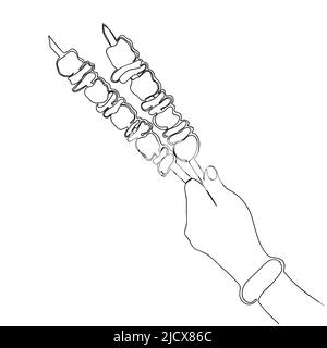 Una mano tiene gli spiedini con i kebab disegnati in una linea continua. Illustrazione del vettore di scorta isolato. Illustrazione Vettoriale